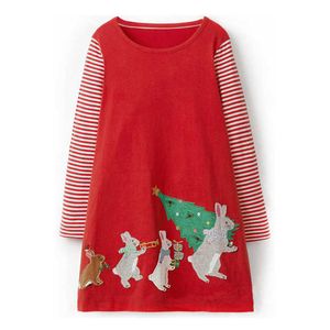Mètres de saut Arrivée Chritmas Robe Coton Lapin Rouge avec Arbre de Noël Applique Enfants Manches Longues Enfants Princesse 210529