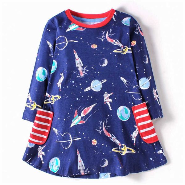 Jumping Meters Arrivée Spaces Rockets Imprimer Princesse Coton Costume Bébé Filles Robe pour Automne Printemps Enfants Vêtements 210529
