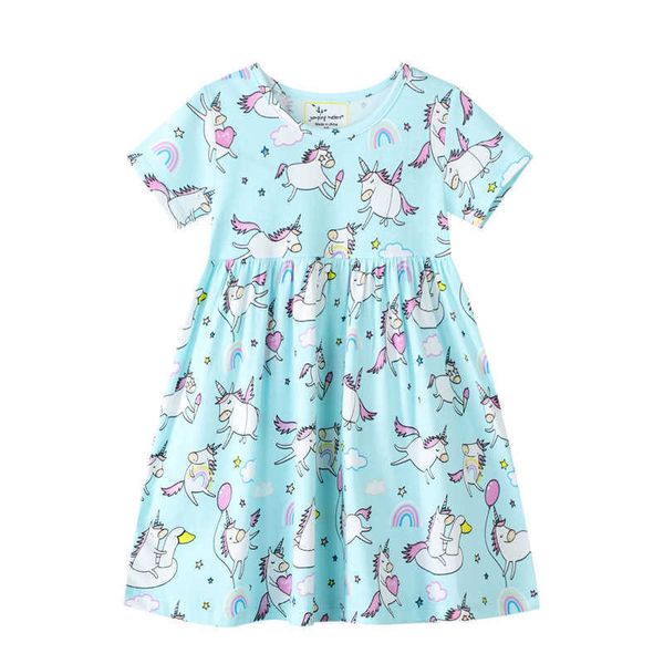 Saut mètres arrivée été animaux imprimer coton bébé filles licornes robe mode princesse vêtements 210529