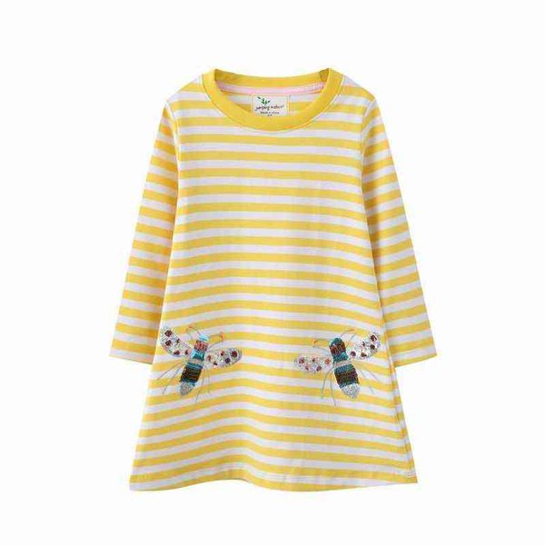 Jumping Meters Automne Hiver Robe À Manches Longues Filles Rayé Abeille Vêtements Col Rond Enfants Casual Jaune Robes 2-7 ans G1215