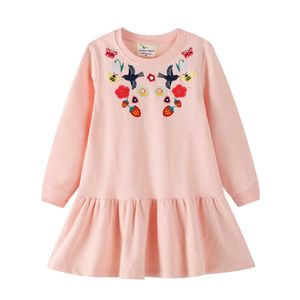 Jumping mètres broderie princesse robes coton bébé filles vêtements avec des fleurs d'oiseaux automne printemps enfants robe 210529