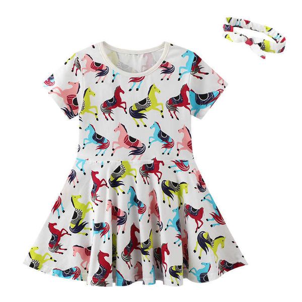 Jumping Meters Filles Cheval Robes Pour L'été Coton Bébé Vêtements Animaux Imprimer Vente Costume Robes Toddler Dress 210529