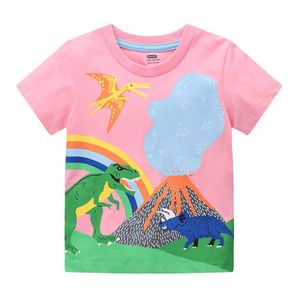Jumping Meters Rose Dinosaures Imprimer Mode Filles T-shirts Pour L'été Bébé Vêtements Coton T-shirts Bande Dessinée Toddler Tops 210529