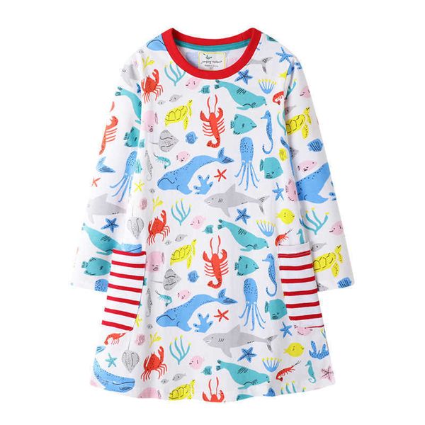 Jumping Meters Princesse Robes Avec Poches Coton Bébé Vêtements Animaux De La Mer Imprimé Mode À Manches Longues Enfants Filles 210529