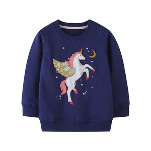 Jumping Meters Printemps Autumn Unicorn Applique Toddler Kids Baby Girl Sweatshirt pour enfants Vêtements pour les pulls de fille 210529