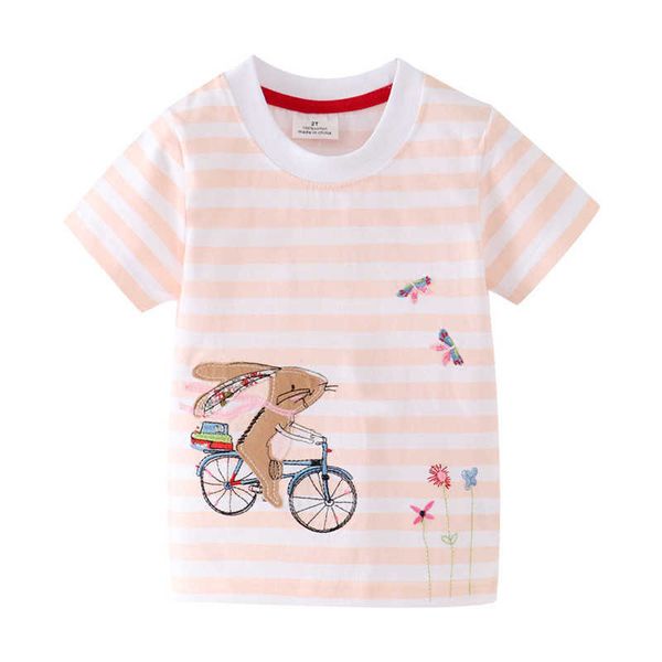 Jumping Meters rayas niñas camisetas algodón Animal bordado niños verano camisetas moda bicicleta niño Tops niños ropa 210529