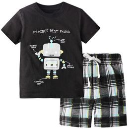 Springende meter zomer jongens kleding sets katoen robot print mode kinderen outfits 2 stks kids pakken babykleding 210529