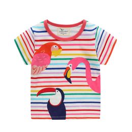 Springende meters Zomer Kinderkleding met Dieren Afdrukken Katoen Meisjes Stripe T-shirts Mode Leuke Peuter Tees Kids Tops 210529