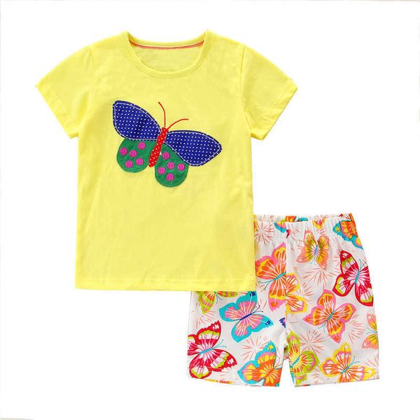 Jumping Meters, conjuntos de ropa de verano para niñas, moda de algodón, bordado de mariposas, conjunto de 2 uds para niños, trajes bonitos para niños pequeños 210529