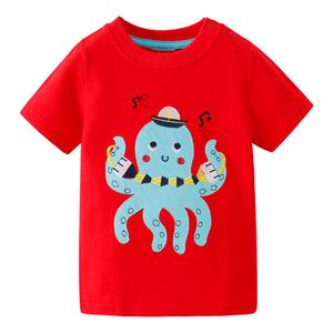 Jumping Meters Summer Red Boys Girls T-shirts Coton Animaux Broderie Mignon Octopus Tees pour enfants Tops Chemises pour enfants 210529
