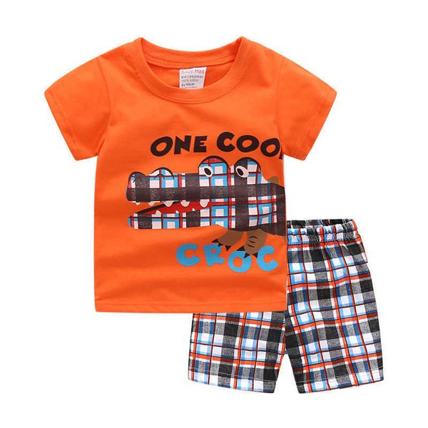 Jumping Summer Style Pijamas Conjuntos de ropa para niños Camiseta a rayas de manga corta + Pantalones Bebé Niños 100% trajes de algodón 210529