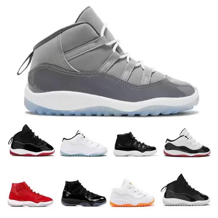 Jumpman 11 Kid basketball shoes Cool Grey XI Cherry Toddler Boys Girls Bred Space Jam Sneaker Concord University Red Gamm Blue Black Cat Baby Infant 4s 3s Sports 28-35