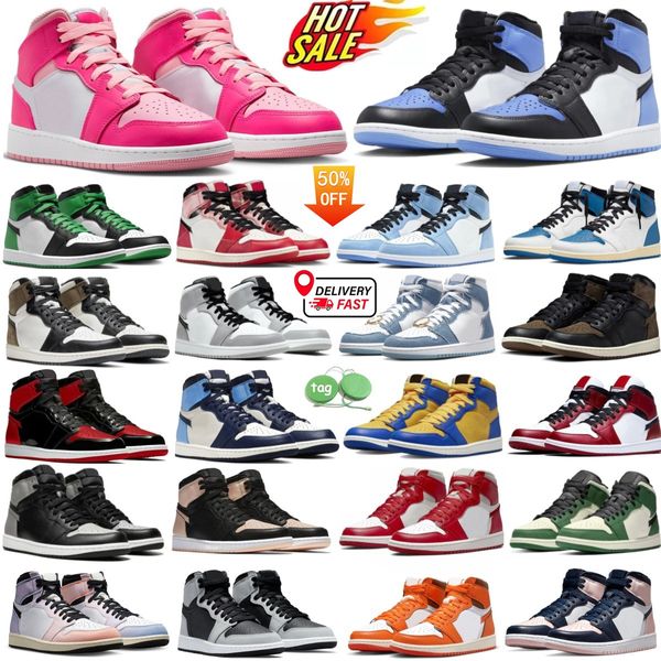 Hommes 1 1S Mid High Basketball Chaussures UNC Toe Brevet Bred Lost and Found Hommes Baskets Université Bleu Féroce Rose Saint Valentin Lucky Green Noir Blanc Femmes Baskets