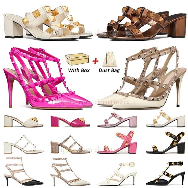 Diseñador zapato de tacón alto mujer con caja Día de San Valentín slingback negro rosa picos tacones gatito plata blanco oro punta punta remaches sandalia plataforma zapatos de vestir para mujer