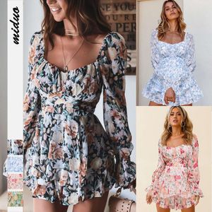 Jumpsuit nieuwe lijn gefragmenteerde bloem dames sexy backless mode vierkante nek lange mouw ruch ruche shorts trend f51448