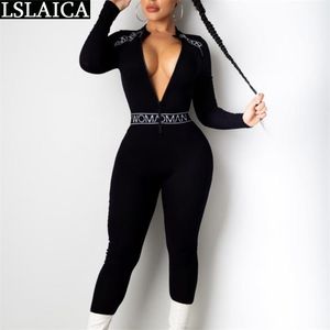 Jumpsuit Skinny Sexy Clubwear Fashion Jump Suits voor Dames Rits Lange Mouwen Fitness Trainingspak Enterizos Para Mujer 210515
