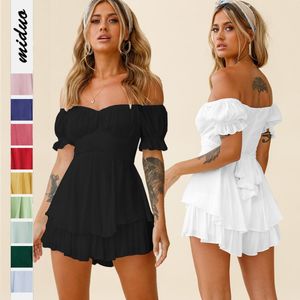 Mono color sólido moda sexy cuello de una línea linterna manga de loto casual verano pantalones cortos de mujer