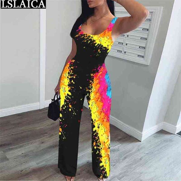 Combinaison Femmes Été Tie Dye Sans Manches Col Carré Taille Haute Pantalon À Jambes Larges Body Casual Streetwear Body Mujer 210515