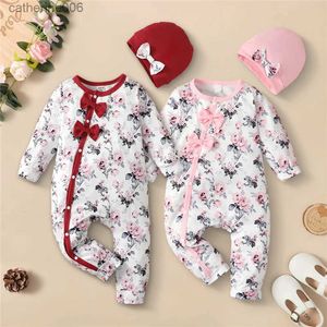 Jumpsuits 0-18 maanden pasgeboren baby meisje romper kleding lange mouw bloem bodysuit kostuum mooie baby lente jumpsuit outfit met hoedL231101