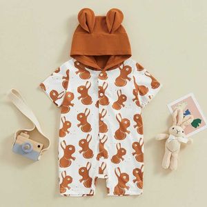 Combinaisons 0-24m Baby Boys Rober Rober Carton de Pâques Bunny Print Cabinage Couvre à manches courtes Bouton Down Down Associts
