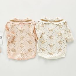 Jumpsuits 0-3 jaar lente herfst babymeisjes lange mouw kroon rompers jumpsuit kleding kinderen meisje printen gebreide rompersjumpsuits