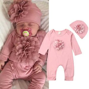 Jumpsuits 2 stuks pasgeboren herfst baby meisje kleding bloemen katoenen jumpsuit overall + hoed pak 0-18 maandenL231101