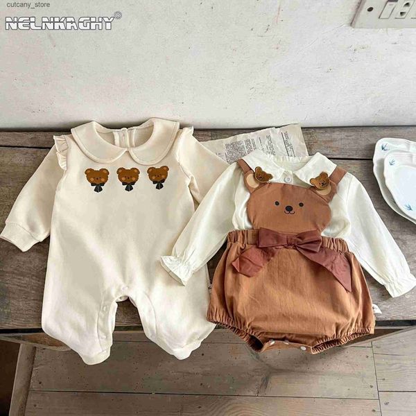 Monos 2023 otoño primavera recién nacido niñas manga completa Peter Pan Collar de una pieza infantil niños mameluco arco oso monos camisetas 0-3y L240307