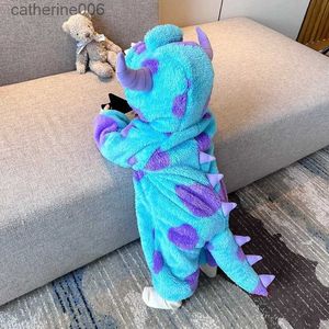 Jumpsuits 2023 Baby Monster Jumpsuits Dikker Koraal Dinosaurus Herfst Winter Leuke Capuchon Pluizige Jongens en Meisjes Baby Cartoon RompertjesL231101