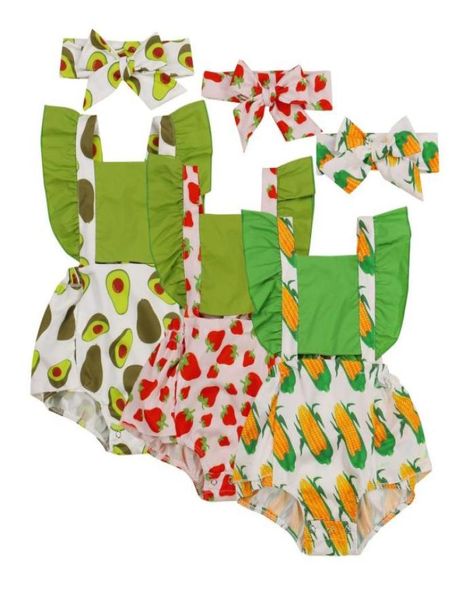 Monos 2 uds., mamelucos de verano para niña, ropa para niños pequeños, mameluco con estampado de frutas y manga con volantes, mono con diadema 1674102