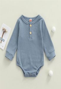 Jumpsuits 3 kleuren Geboren babyjongen meisje Casual Lange mouw Romper Mode Baby Peuter Effen Kleur Knop Blauw Kaki Rood1110916