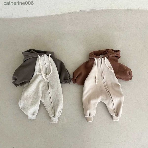 Combinaisons 4486D coréen nouveau-né bébé combinaison 2023 printemps et automne pur coton à capuche garçon une pièce vêtements décontracté escalade vêtements L231101