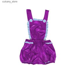 Jumpsuits Volwassen Baby Sissy ABDL Rompertjes Ruche Glanzende PVC Backless Sunsuit Franse meid Overall Playsuit Zomer Grote maat Stretch bodysuit L240307