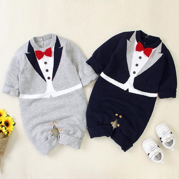 Combinaisons Automne Infantile Enfants Bébé Garçon Vêtements Barboteuses Gentleman Bowknot À Manches Longues Tricot Combinaison Né BarboteusesCombinaisons