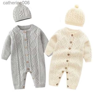 Jumpsuits Herfst Pasgeboren Meisje Jongen Gebreide Jumpsuits Outfits Winter Baby Rompertjes Caps Kledingsets Lange mouwen Peuter Baby Overalls 2pcsL231101