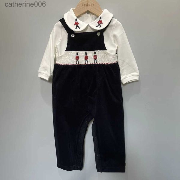 Monos Bebé niño Conjunto de Navidad Traje de tirantes Soldado azul marino Pantalones de pana bordados Mono británico Corte Niños BoutiqueL231101