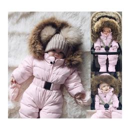 Tute Vestiti per bambini Pagliaccetto invernale Giù Cappotto Neonate Ragazzi Tuta da neve Pelliccia con cappuccio Capispalla calda Tuta Tuta nata Cappotti Dro Dhk1X