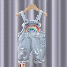 Jumpsuits baby dunarees meisjes overalls gat spijkerbroek regenboogdruk broeken denim jumpsuit voorschoolse broek 0-4 jaar y2405207toe