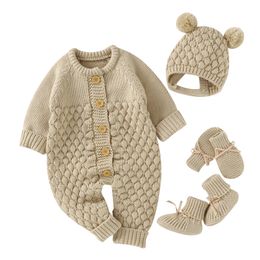 Jumpsuits baby rompers kleding herfst winter gebreid geboren jongens meisjes solide gewone jumpsuits mode solide gewoon peuter kinderen unisex dragen 230303