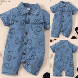 Jumpsuits Jongens Zomer Klimuitrusting Revers Dierenpatroon Baby Zomerkleding voor kinderen van 0 tot 18 jaar Baby romperset met korte mouwen Babyjongen L240307