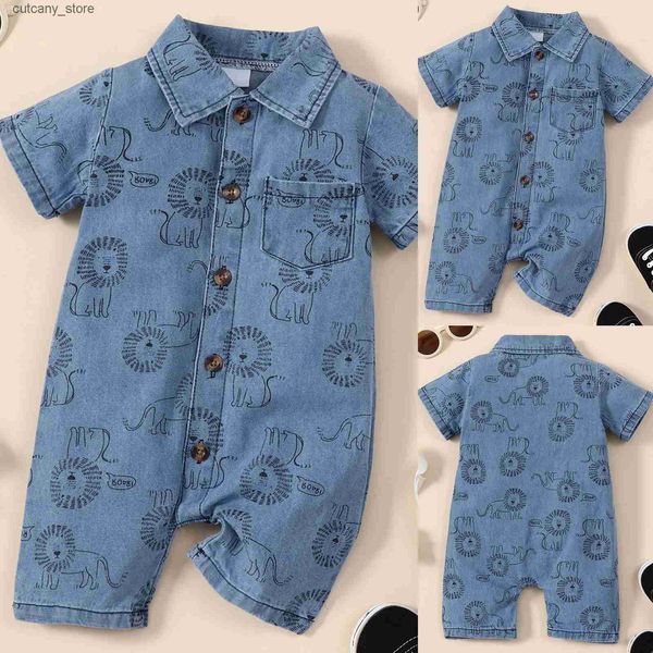 Jumpsuits Boys Summer Clinwing Gear Lapel Patrón de animales de verano para bebés para 0 a 18 Manga corta Baby Romper Baby Boy L240307