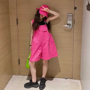 Jumpsuits kinderen dragen zomermeisje hanger denim shorts candy gekleurde jeans kinderen kleding kawaii casual losse jumpsuit childrens kleding y2405207IDX