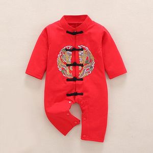 Combinaisons à boutons chinois Tang, vêtements pour bébé, manches longues, barboteuse d'anniversaire pour garçon, vêtements de Festival rouge 0-24M
