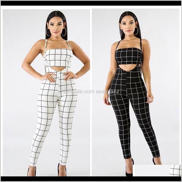 Monos Ropa Ropa Negro Blanco Plaid Sexy Summer Overol Conjunto de dos piezas Crop Top Spaghetti Strap Rompers Mujer