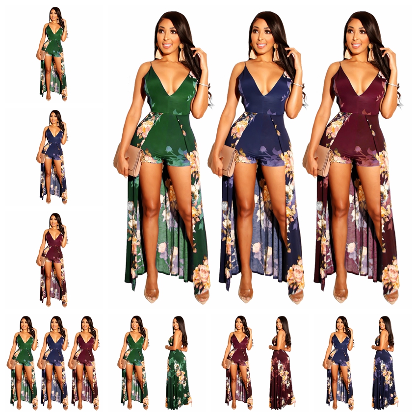 Jumpsuits European spring and summer sexy deep V-neck print with bare back jumpsuit support mixed batch