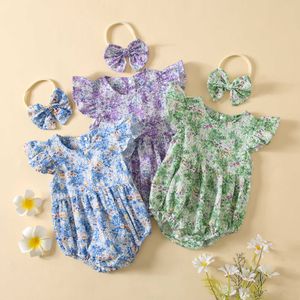 Combinaisons fille floral à volants combinaison + bandeau 2 pièces chemise imprimée combinaison bébé vêtements d'été ensemble G220606