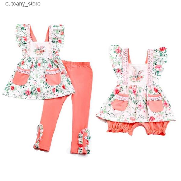 Girlymax Sibling Printemps Été Pâques Bébé Filles Corail Lapin Floral Poche Volants Robe Pantalon Ensemble Barboteuse Enfants Vêtements L240307