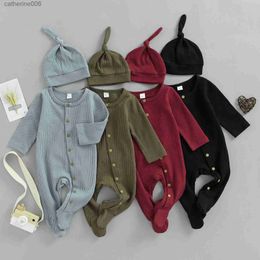 Combinaisons infantile nouveau-né bébé garçons fille solide Footies ensemble col rond manches longues boutonné côtelé pieds Wrap combinaison + HatL231101