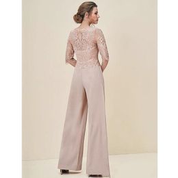 Jumpsuits Kant Moeders Bruidegom Jurken Bateau Neck Halve mouwen Bruiloftsgast Jurk Chiffon Plus Size Moeder Van De Bruid Broek Past286r