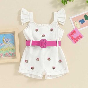 Jumpsuits Little Girl Childrens Bear Print Full Set zomer Casual jumpsuit met witte vliegende mouwen en riemgamespak Y240520NJJ5