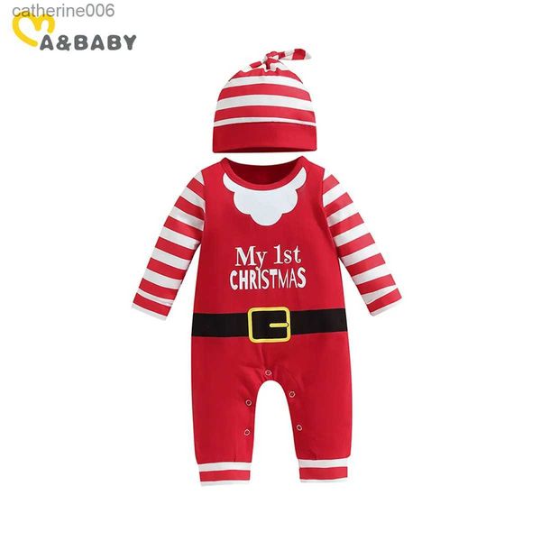 Ma baby 0-18m noël nouveau-né infantile bébé barboteuse Santa Costume rayé lettre imprimer à manches longues combinaison chapeau tenues de noël D05L231101